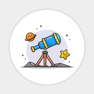 Telescope Astronomy Viewing Cute Planet and Cute Star Cartoon Vector Icon Illustration Magnet